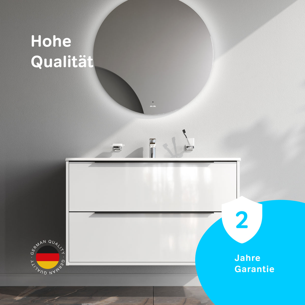 Waschtischunterschrank mit Waschbecken, 100 cm, als Flachpaket, 2 Schubladen, Weiß glänzend – MNA-FHX1002WGSP-WCC1002WG