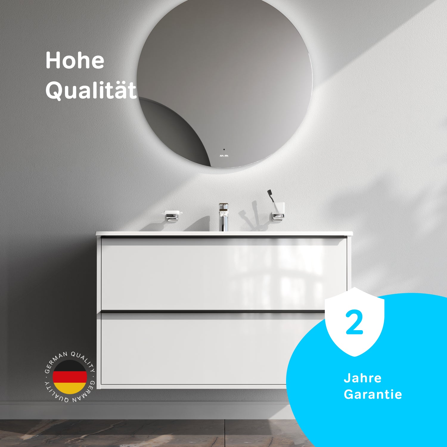 MNA-FHX1002WGSP-WCC1002WG Waschtischunterschrank mit Becken, als Flachpaket geliefert, 100 cm, 2 Schubladen, Weiß glänzend