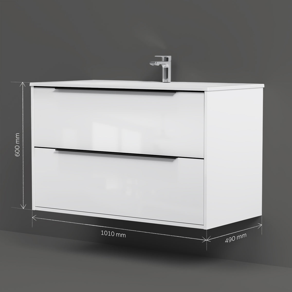 Waschtischunterschrank mit Waschbecken, 100 cm, als Flachpaket, 2 Schubladen, Weiß glänzend – MNA-FHX1002WGSP-WCC1002WG