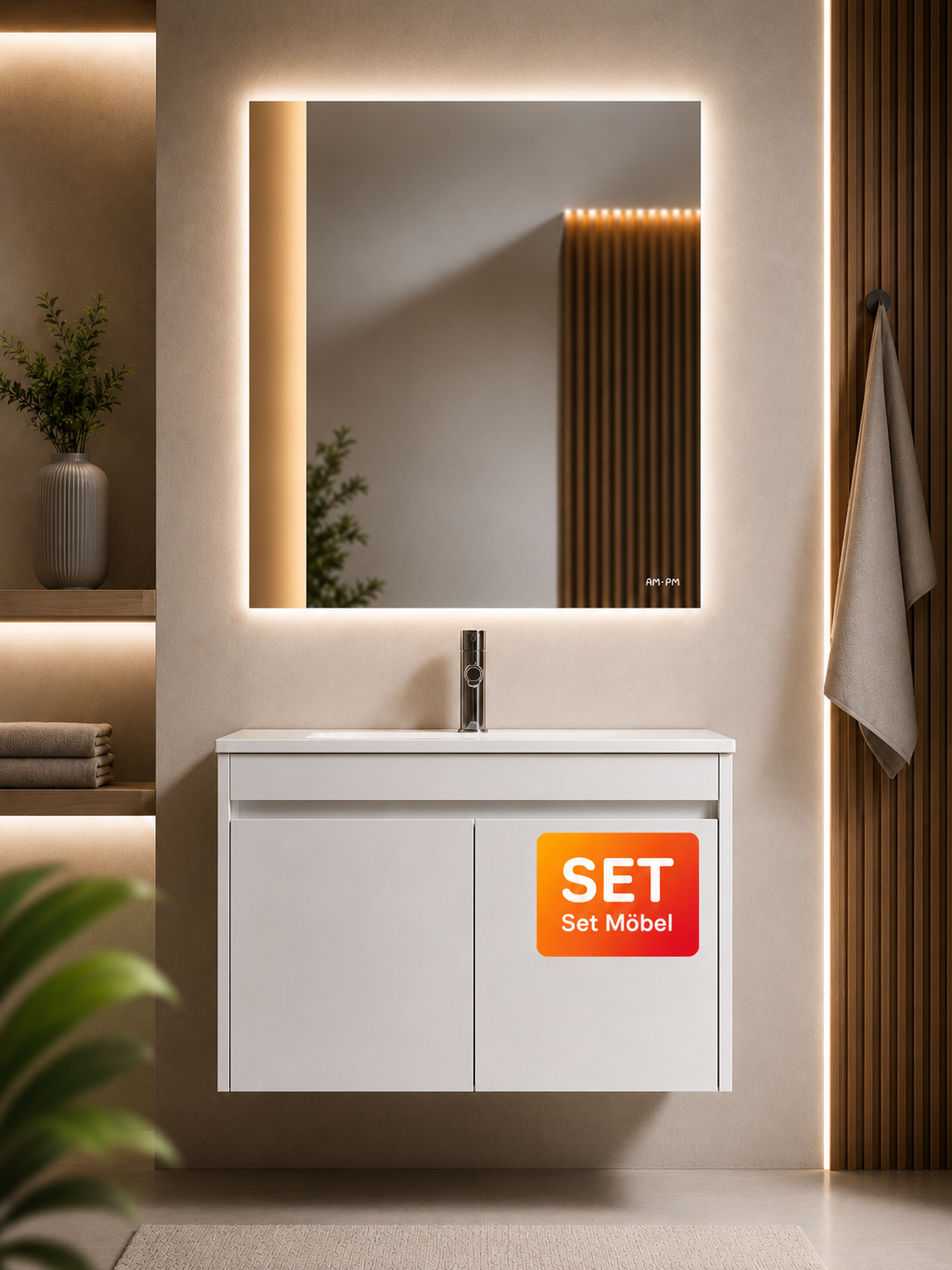 Ensemble de meubles de salle de bains avec lavabo et miroir de salle de bains LED, 60 cm, 2 portes, blanc brillant–MPA0601WGCMO1