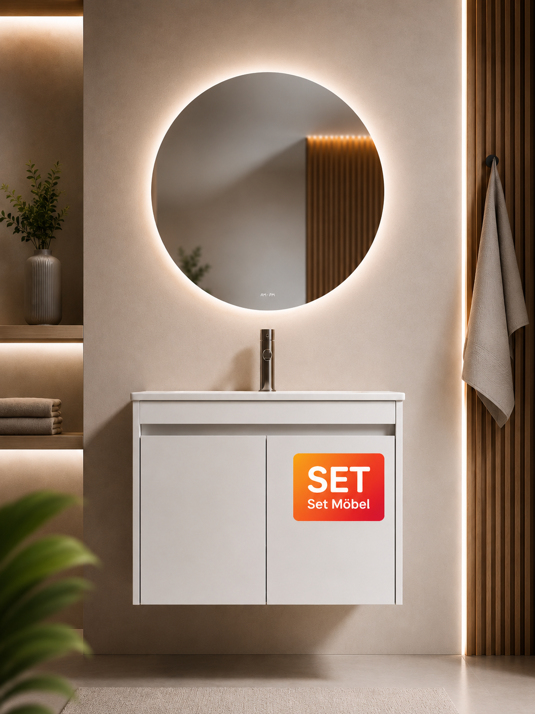 Ensemble de meubles de salle de bains avec lavabo et miroir rond à LED, 80 cm, 2 portes, blanc brillant–MPA0801WGCMO4