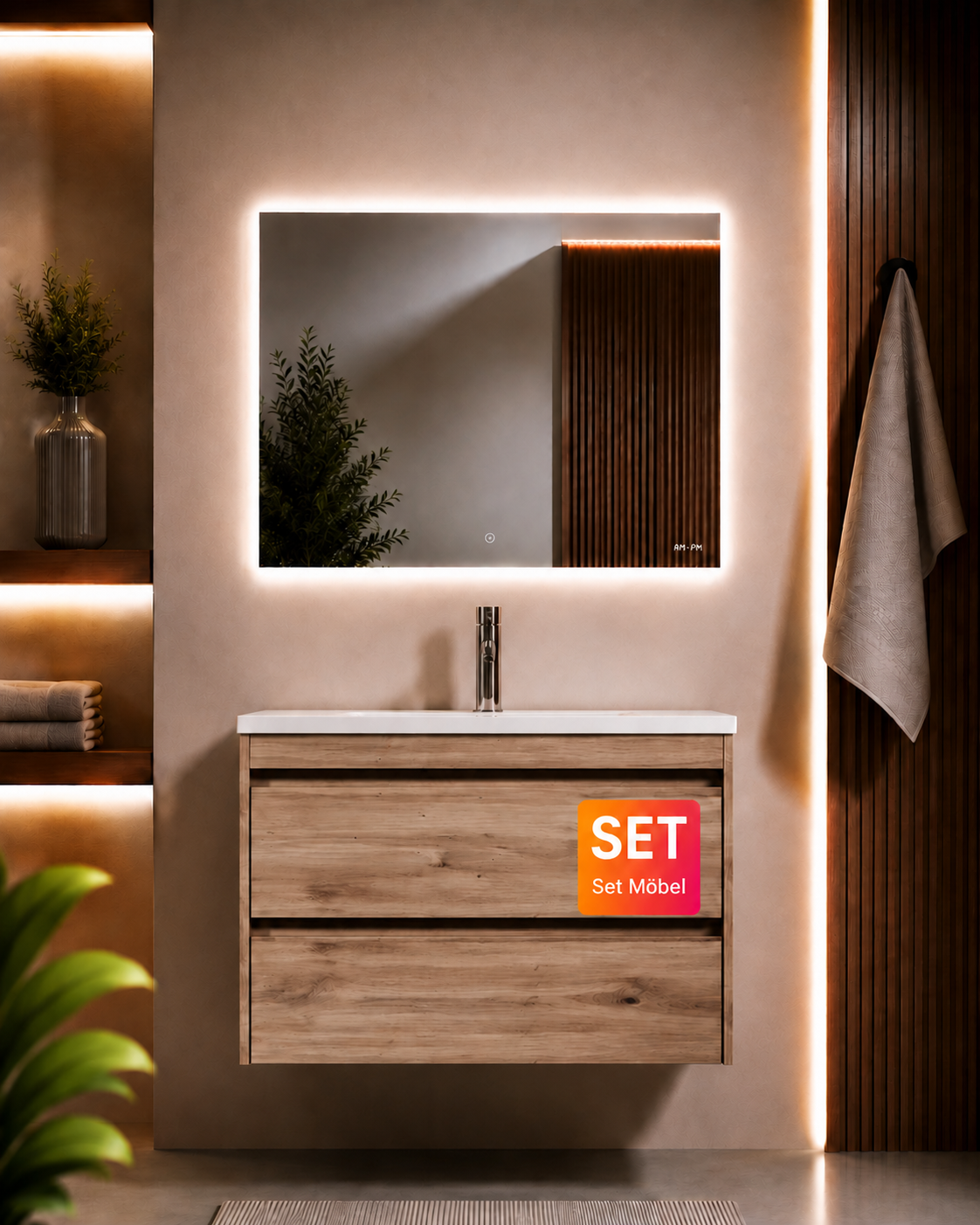 Ensemble de meubles de salle de bains avec lavabo et miroir de salle de bains LED, 80 cm, 2 tiroirs, chêne–MPA0802HFCMO1