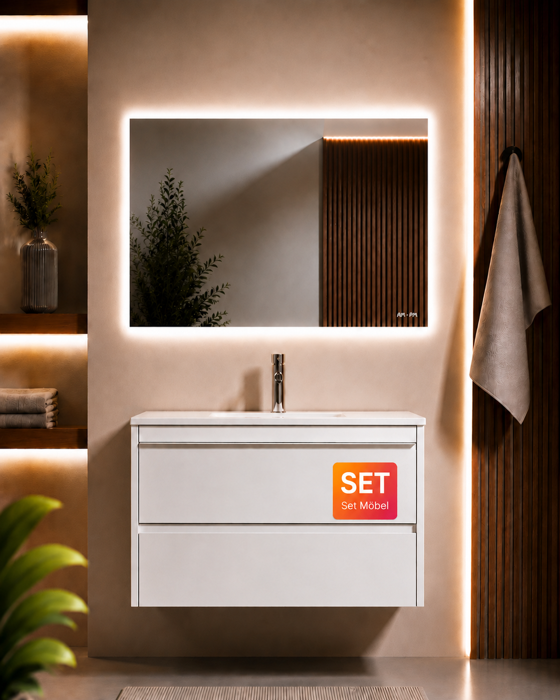 Badmöbel-Set mit Waschbecken und LED-Badspiegel, 80 cm, 2 Schubladen, Weiß glänzend – MPA0802WGCMO1