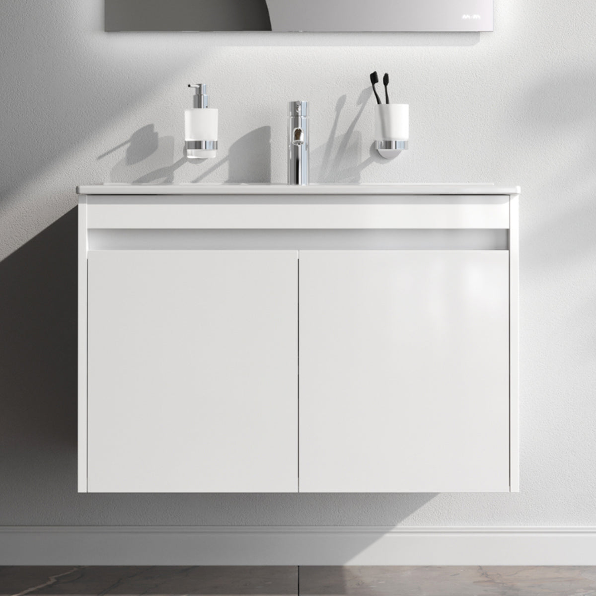 Waschtischunterschrank mit Waschbecken, 80 cm, als Flachpaket, 2 Türen, Weiß glänzend – MPAX0801WG-C0802WG