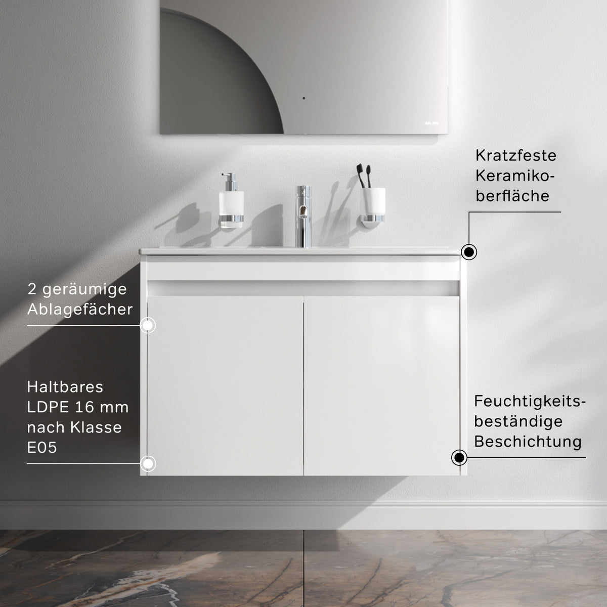 Waschtischunterschrank mit Waschbecken, 80 cm, als Flachpaket, 2 Türen, Weiß glänzend – MPAX0801WG-C0802WG