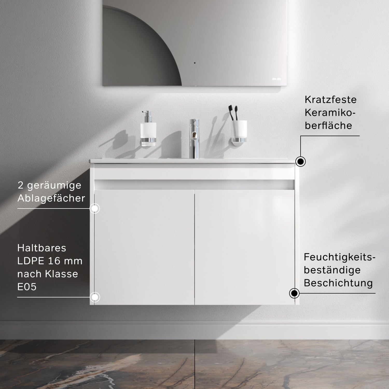 Meuble vasque MPAX0801WG-C0802WG avec lavabo, livré à plat, 80 cm, 2 portes, blanc brillant