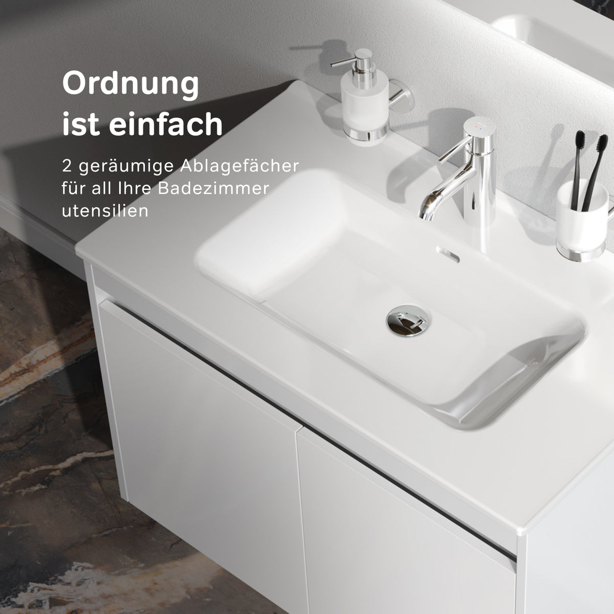 Waschtischunterschrank mit Waschbecken, 80 cm, als Flachpaket, 2 Türen, Weiß glänzend – MPAX0801WG-C0802WG