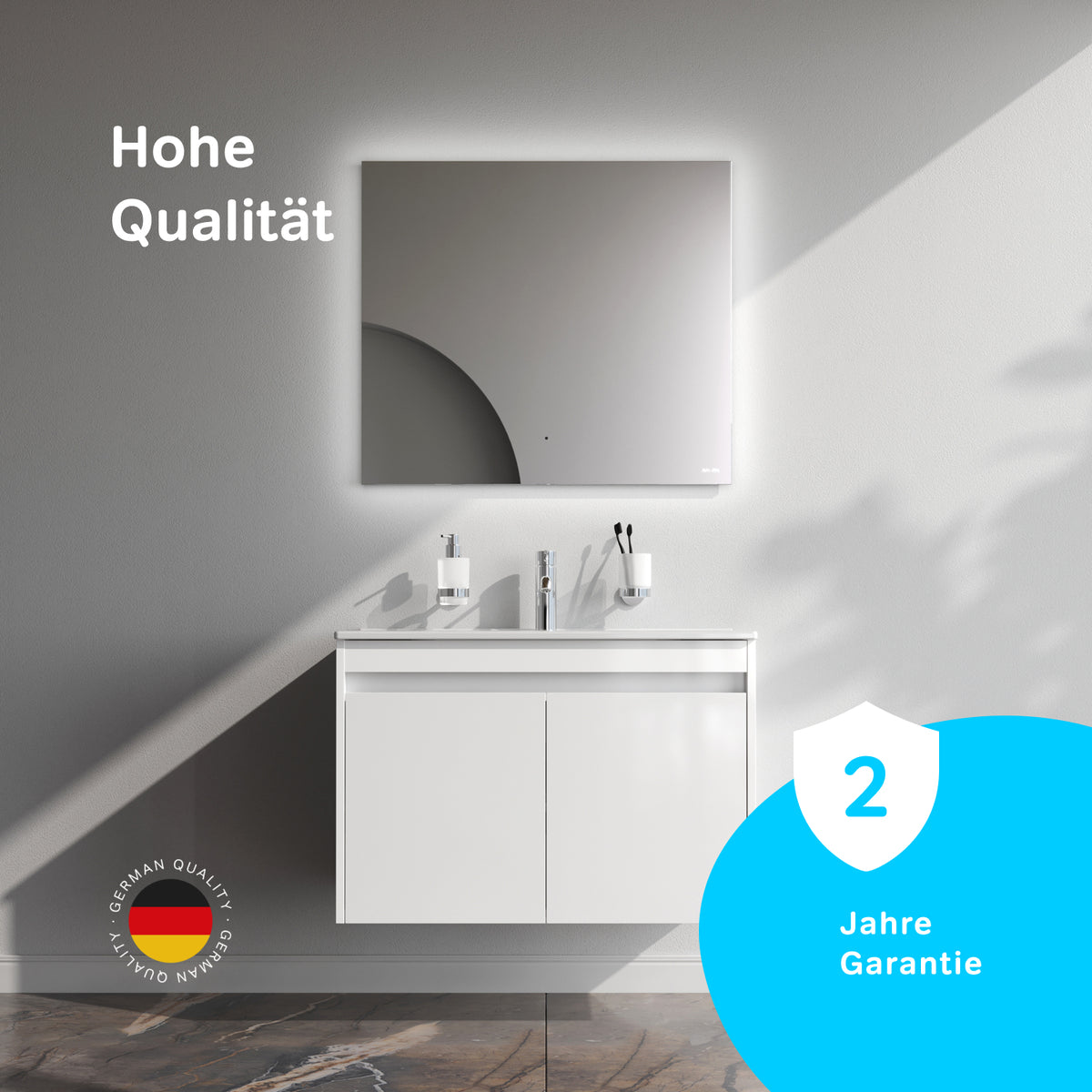 Waschtischunterschrank mit Waschbecken, 80 cm, als Flachpaket, 2 Türen, Weiß glänzend – MPAX0801WG-C0802WG