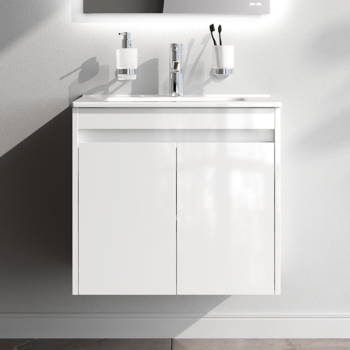 Waschtischunterschrank mit Waschbecken, 60 cm, als Flachpaket, 2 Türen, Weiß glänzend – MPAX0601WG-C0602WG