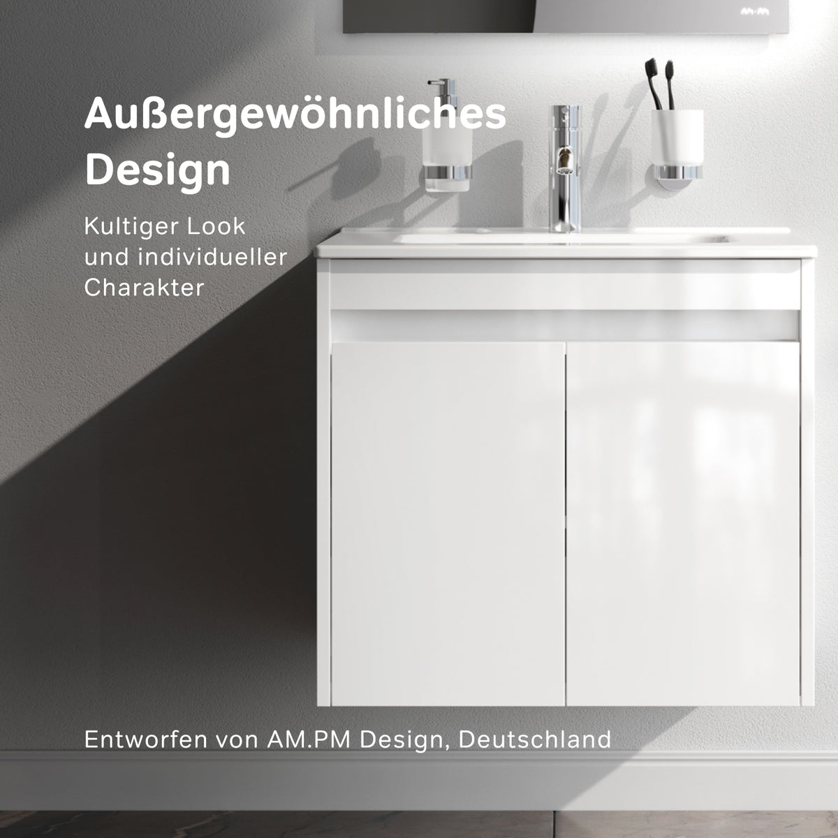 Waschtischunterschrank mit Waschbecken, 60 cm, als Flachpaket, 2 Türen, Weiß glänzend – MPAX0601WG-C0602WG