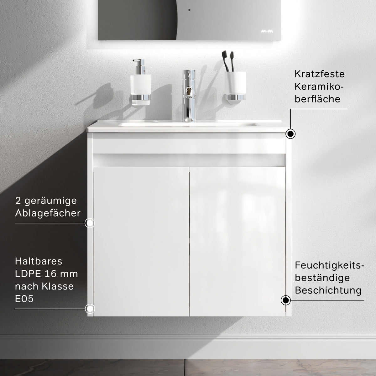 Waschtischunterschrank mit Waschbecken, 60 cm, als Flachpaket, 2 Türen, Weiß glänzend – MPAX0601WG-C0602WG