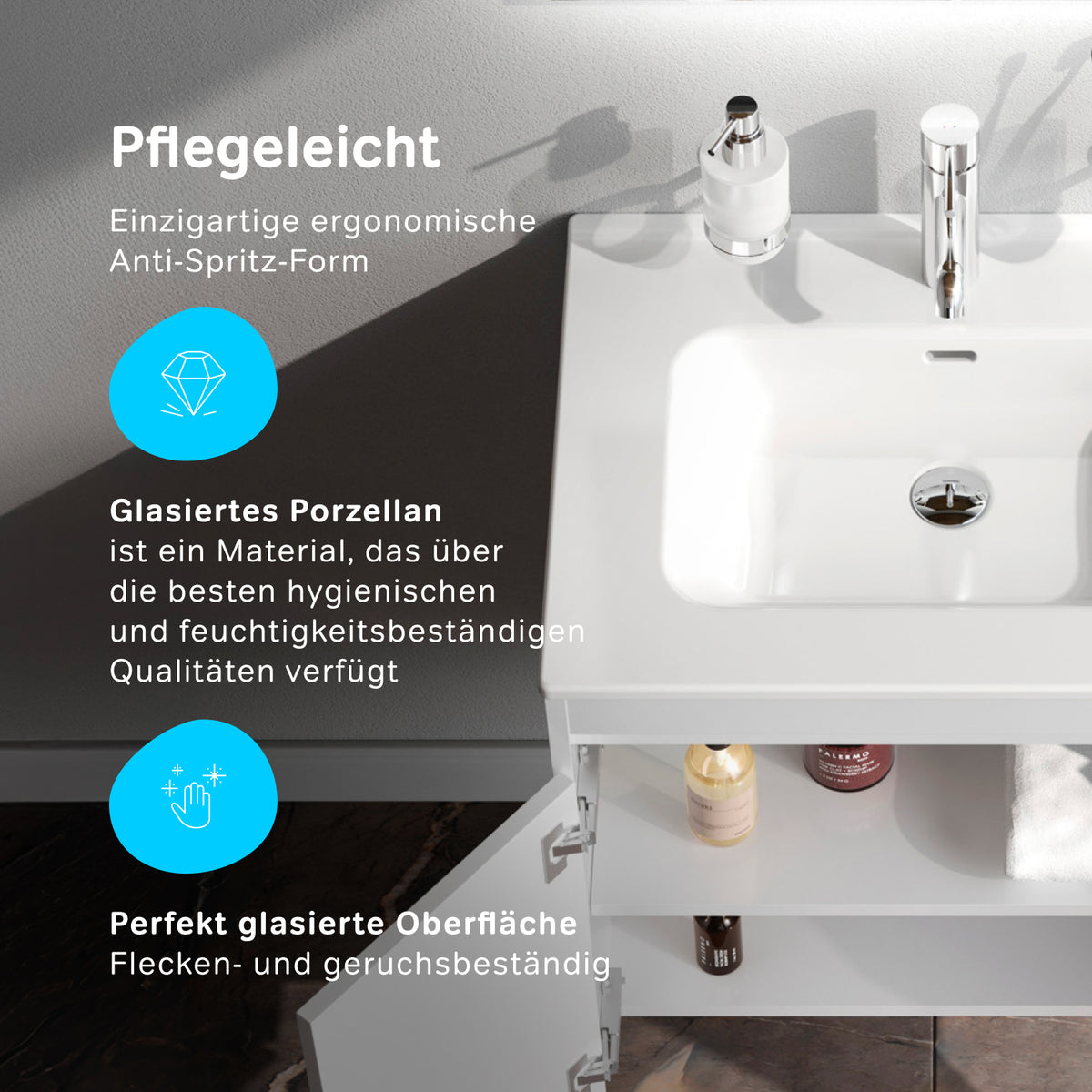 Waschtischunterschrank mit Waschbecken, 60 cm, als Flachpaket, 2 Türen, Weiß glänzend – MPAX0601WG-C0602WG