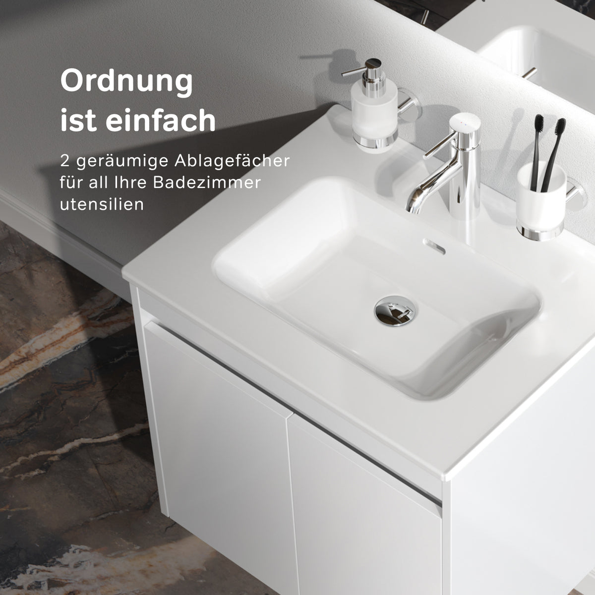 Waschtischunterschrank mit Waschbecken, 60 cm, als Flachpaket, 2 Türen, Weiß glänzend – MPAX0601WG-C0602WG