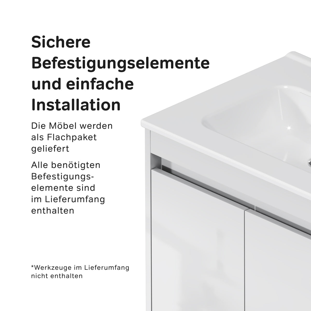 Waschtischunterschrank mit Waschbecken, 60 cm, als Flachpaket, 2 Türen, Weiß glänzend – MPAX0601WG-C0602WG