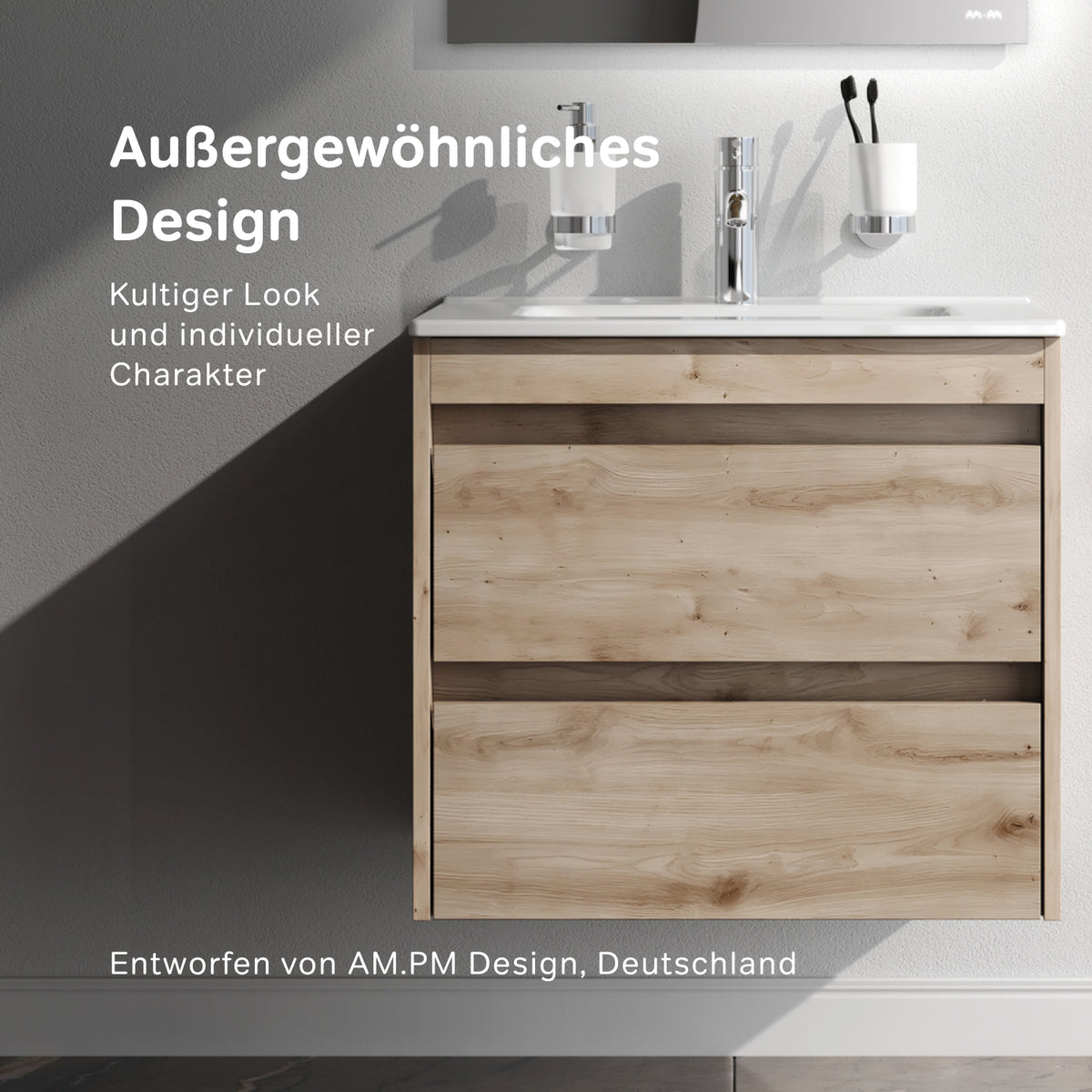 Meuble vasque avec lavabo, 60 cm, livré à plat, 2 tiroirs, chêne–MPAX0602HF-C0602WG