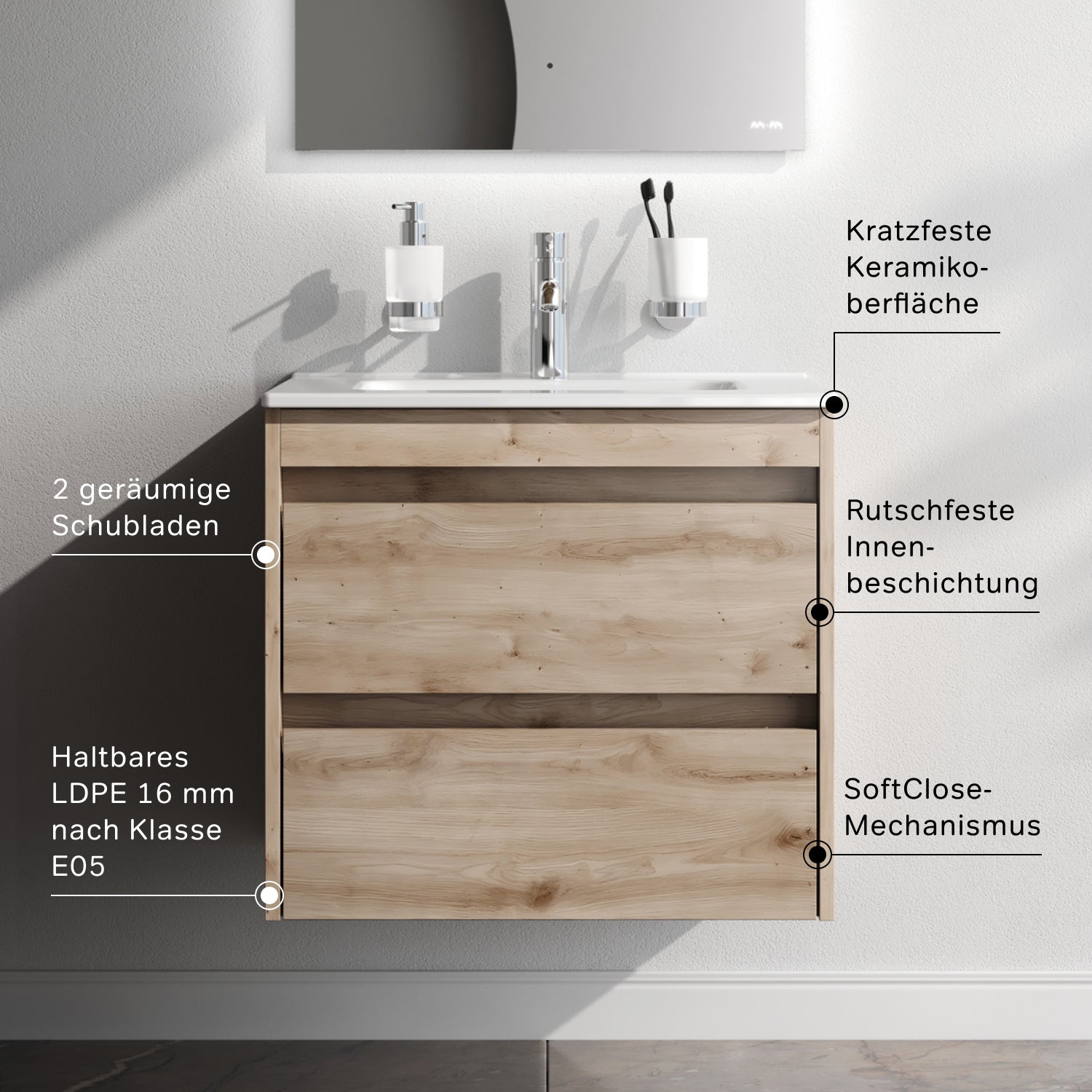 MPAX0602HF-C0602WG Waschtischunterschrank mit Becken, als Flachpaket geliefert, 60 cm, 2 Schubladen, Eiche