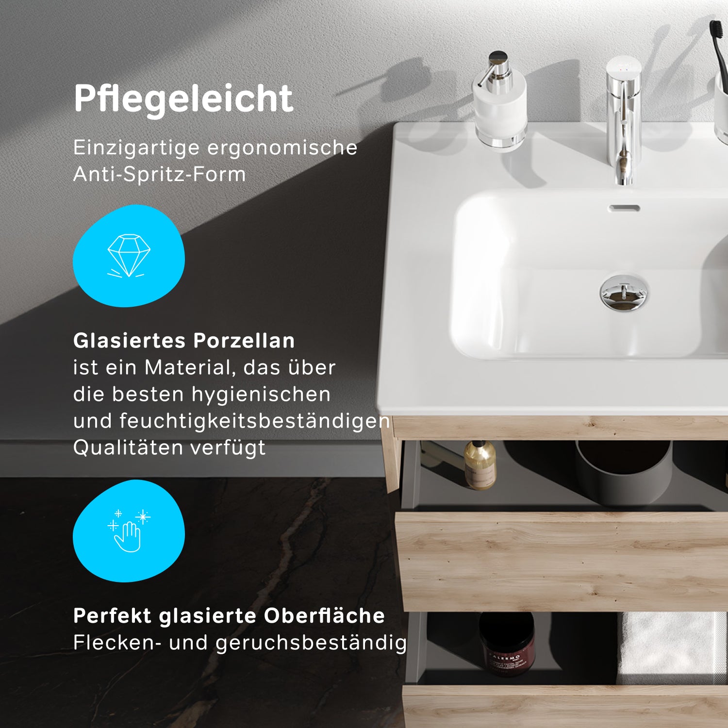 MPAX0602HF-C0602WG Waschtischunterschrank mit Becken, als Flachpaket geliefert, 60 cm, 2 Schubladen, Eiche