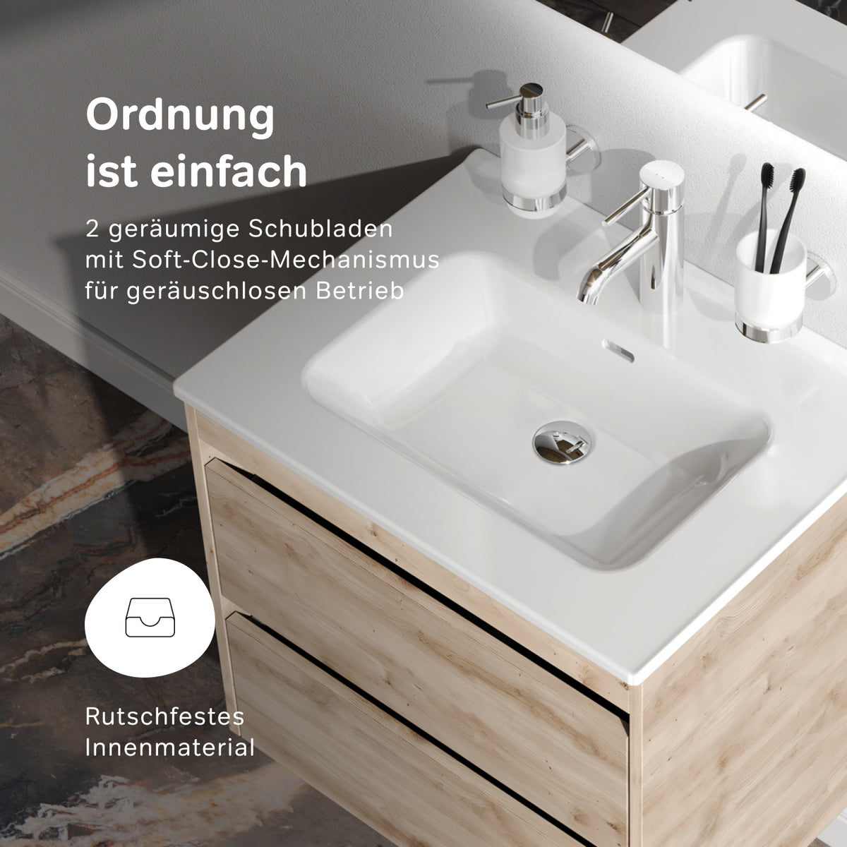 Meuble vasque avec lavabo, 60 cm, livré à plat, 2 tiroirs, chêne–MPAX0602HF-C0602WG