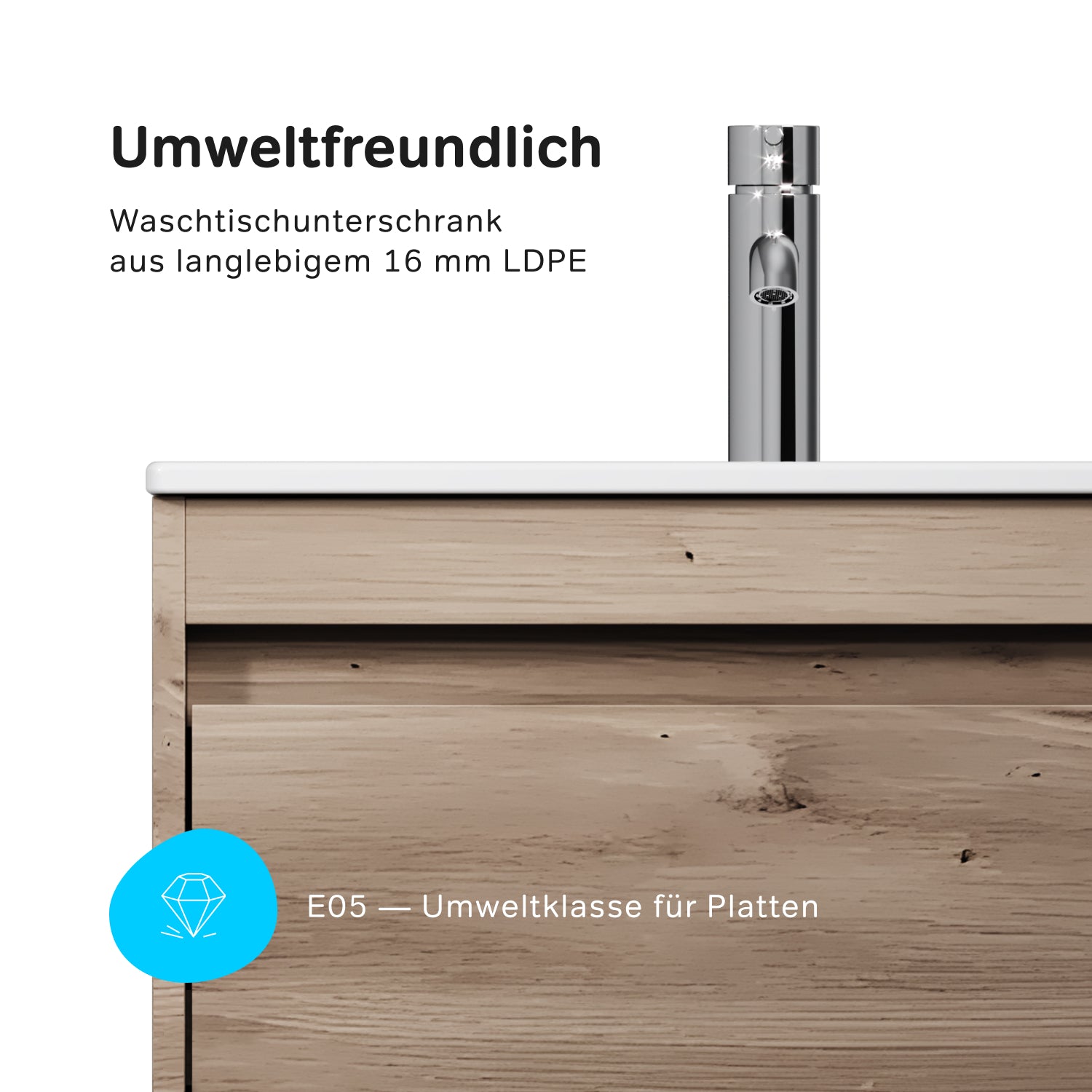 MPAX0602HF-C0602WG Waschtischunterschrank mit Becken, als Flachpaket geliefert, 60 cm, 2 Schubladen, Eiche