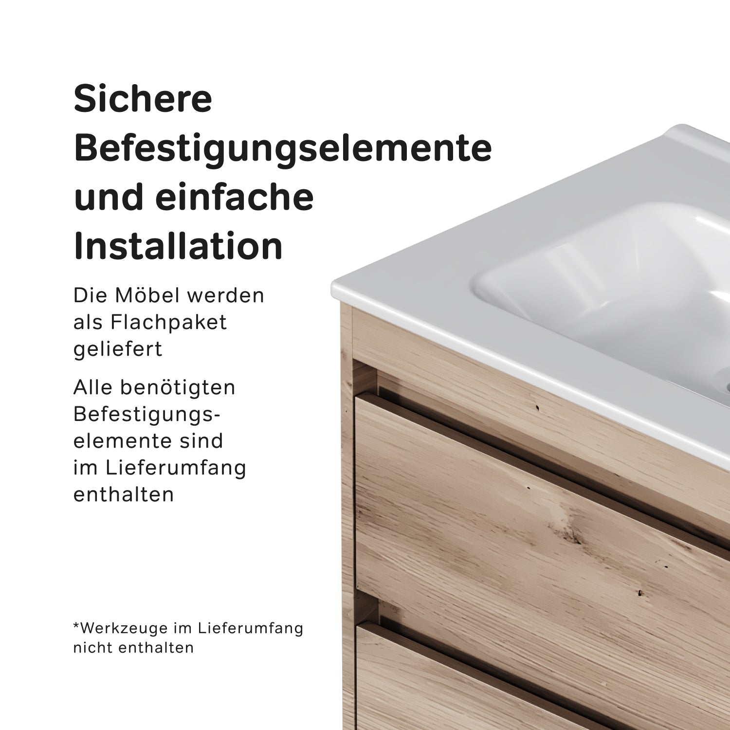 MPAX0602HF-C0602WG Waschtischunterschrank mit Becken, als Flachpaket geliefert, 60 cm, 2 Schubladen, Eiche