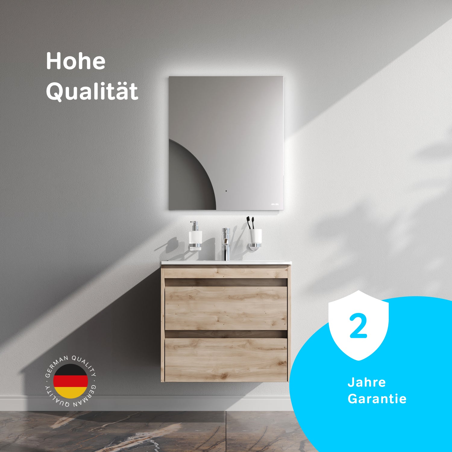 MPAX0602HF-C0602WG Waschtischunterschrank mit Becken, als Flachpaket geliefert, 60 cm, 2 Schubladen, Eiche