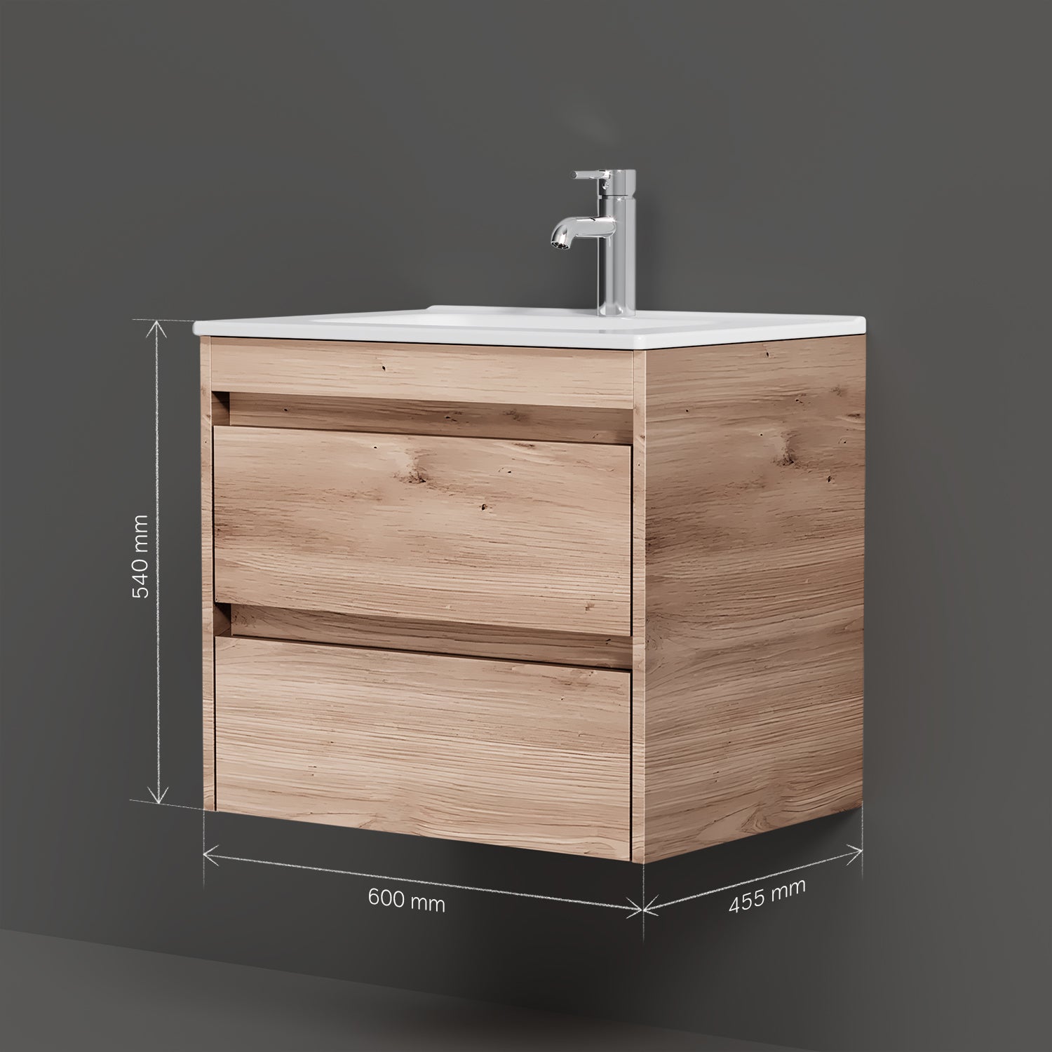 MPAX0602HF-C0602WG Waschtischunterschrank mit Becken, als Flachpaket geliefert, 60 cm, 2 Schubladen, Eiche