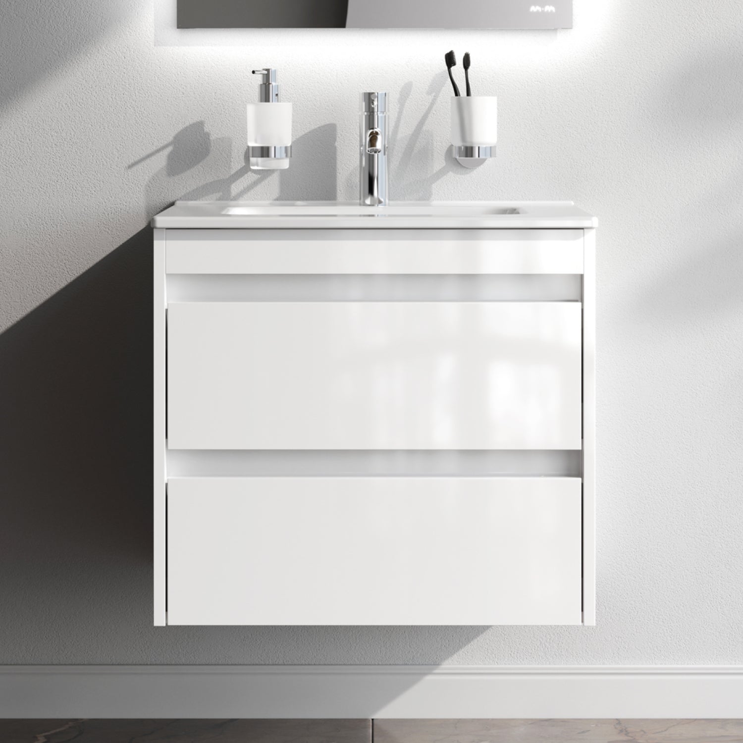 MPAX0602WG-C0602WG Waschtischunterschrank mit Becken, als Flachpaket geliefert, 60 cm, 2 Schubladen, Weiß glänzend