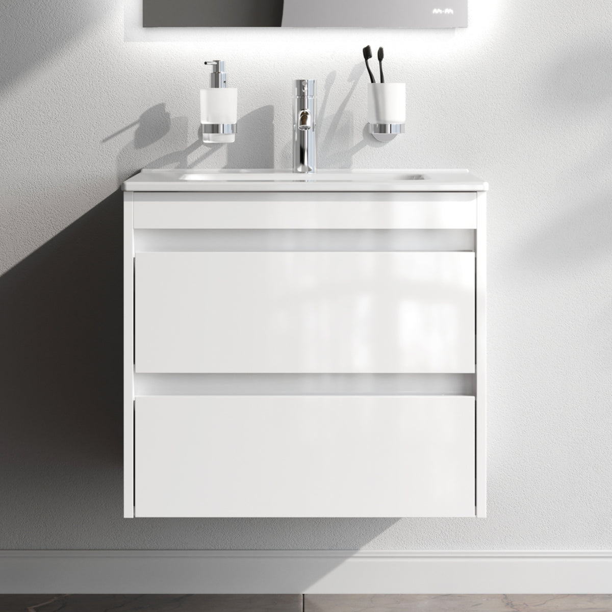 Meuble vasque avec lavabo, 60 cm, livré à plat, 2 tiroirs, blanc brillant–MPAX0602WG-C0602WG