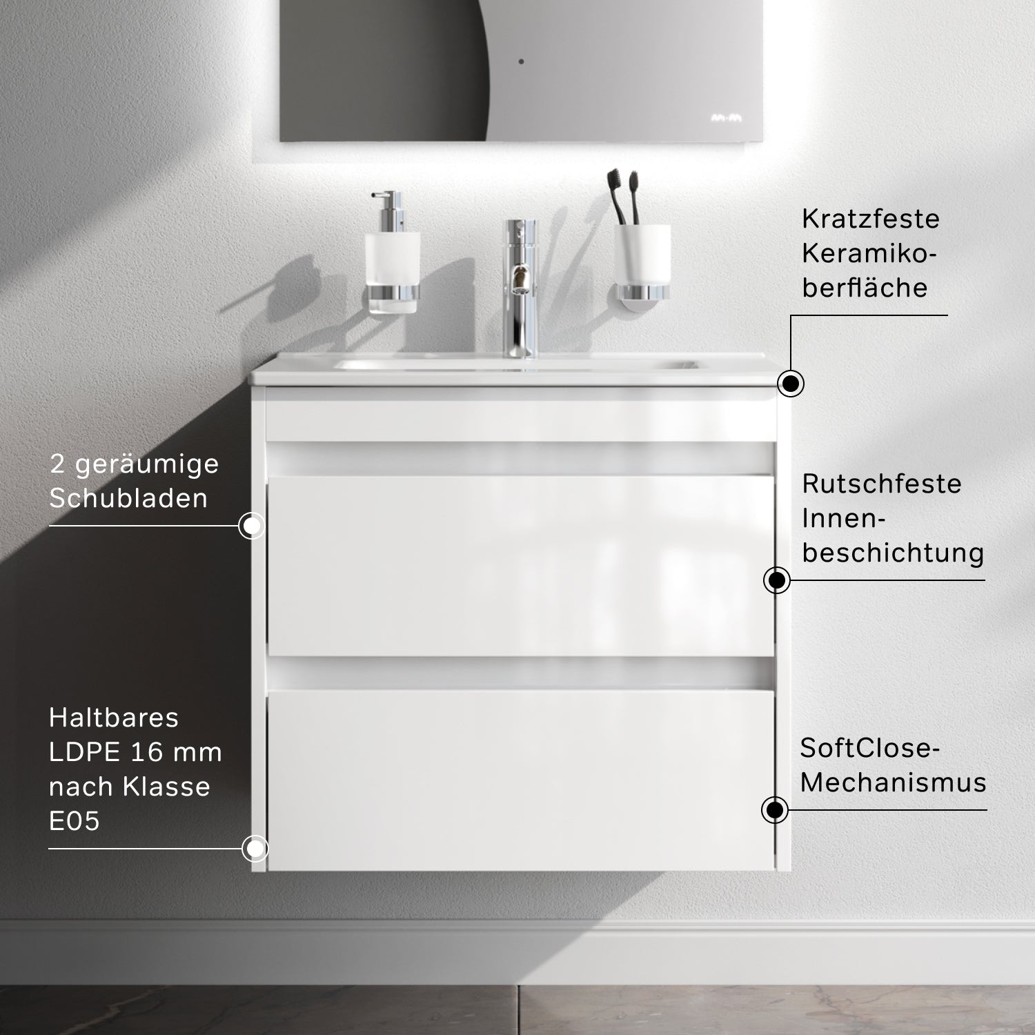 MPAX0602WG-C0602WG Waschtischunterschrank mit Becken, als Flachpaket geliefert, 60 cm, 2 Schubladen, Weiß glänzend