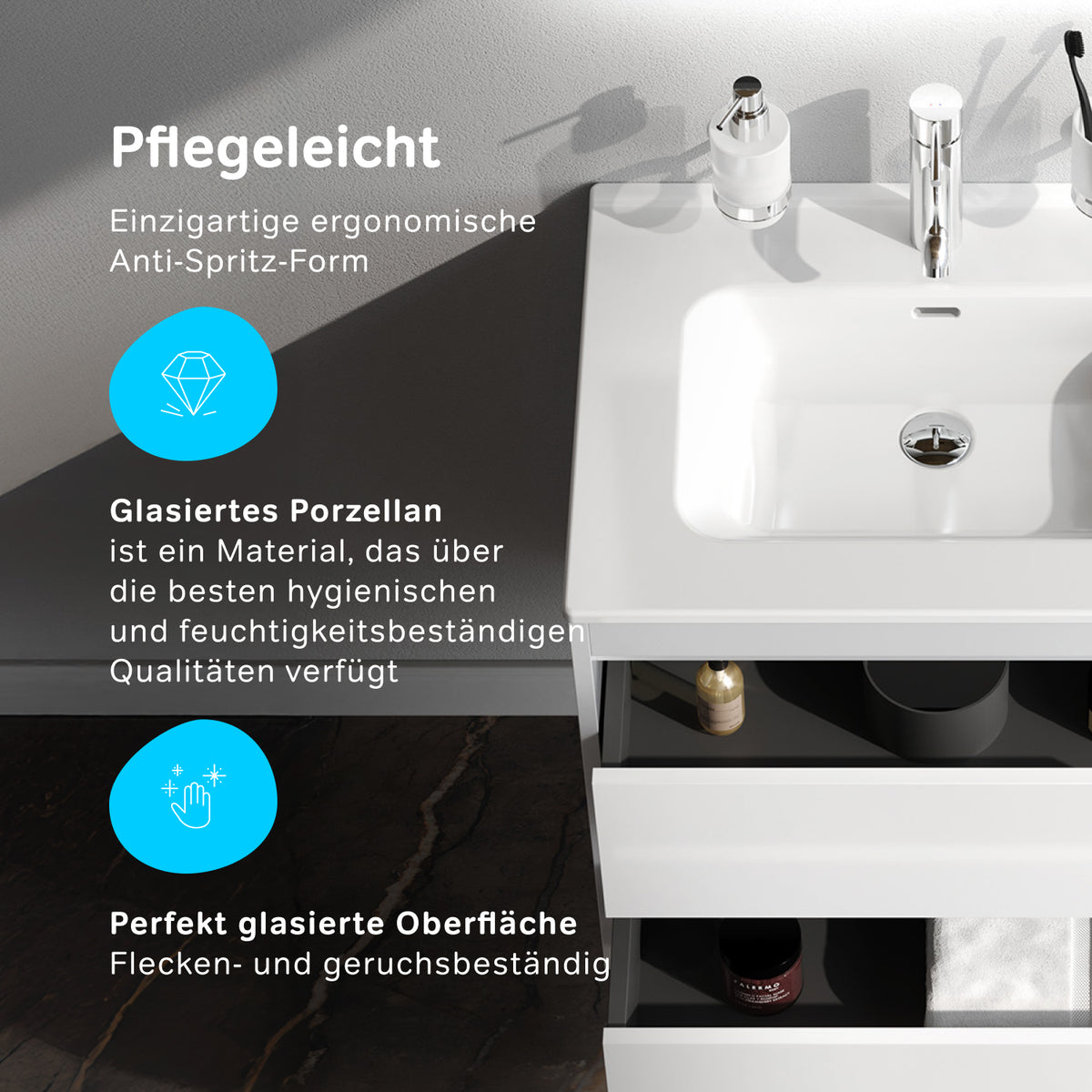 Meuble vasque avec lavabo, 60 cm, livré à plat, 2 tiroirs, blanc brillant–MPAX0602WG-C0602WG