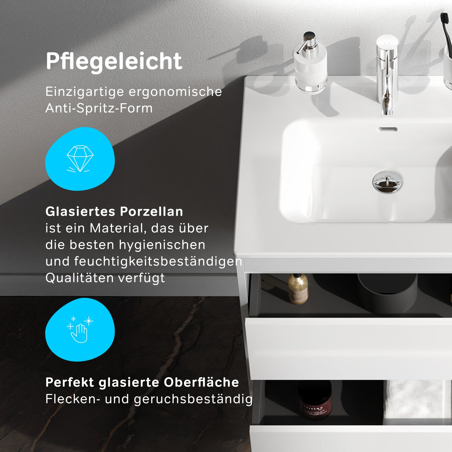 MPAX0602WG-C0602WG Waschtischunterschrank mit Becken, als Flachpaket geliefert, 60 cm, 2 Schubladen, Weiß glänzend