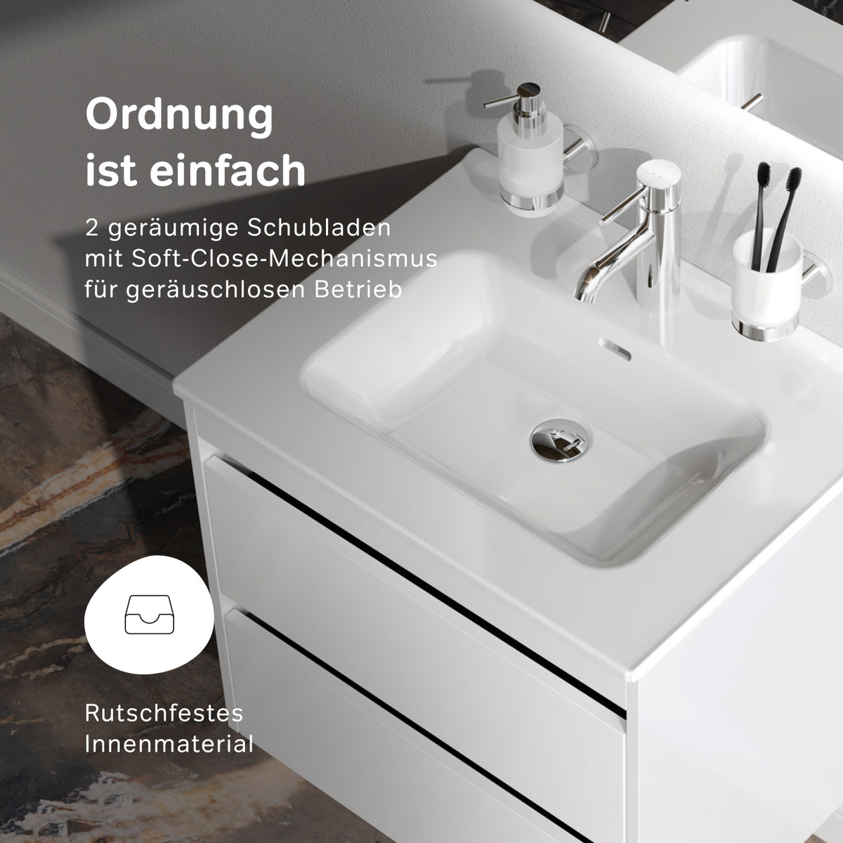 Meuble vasque avec lavabo, 60 cm, livré à plat, 2 tiroirs, blanc brillant–MPAX0602WG-C0602WG