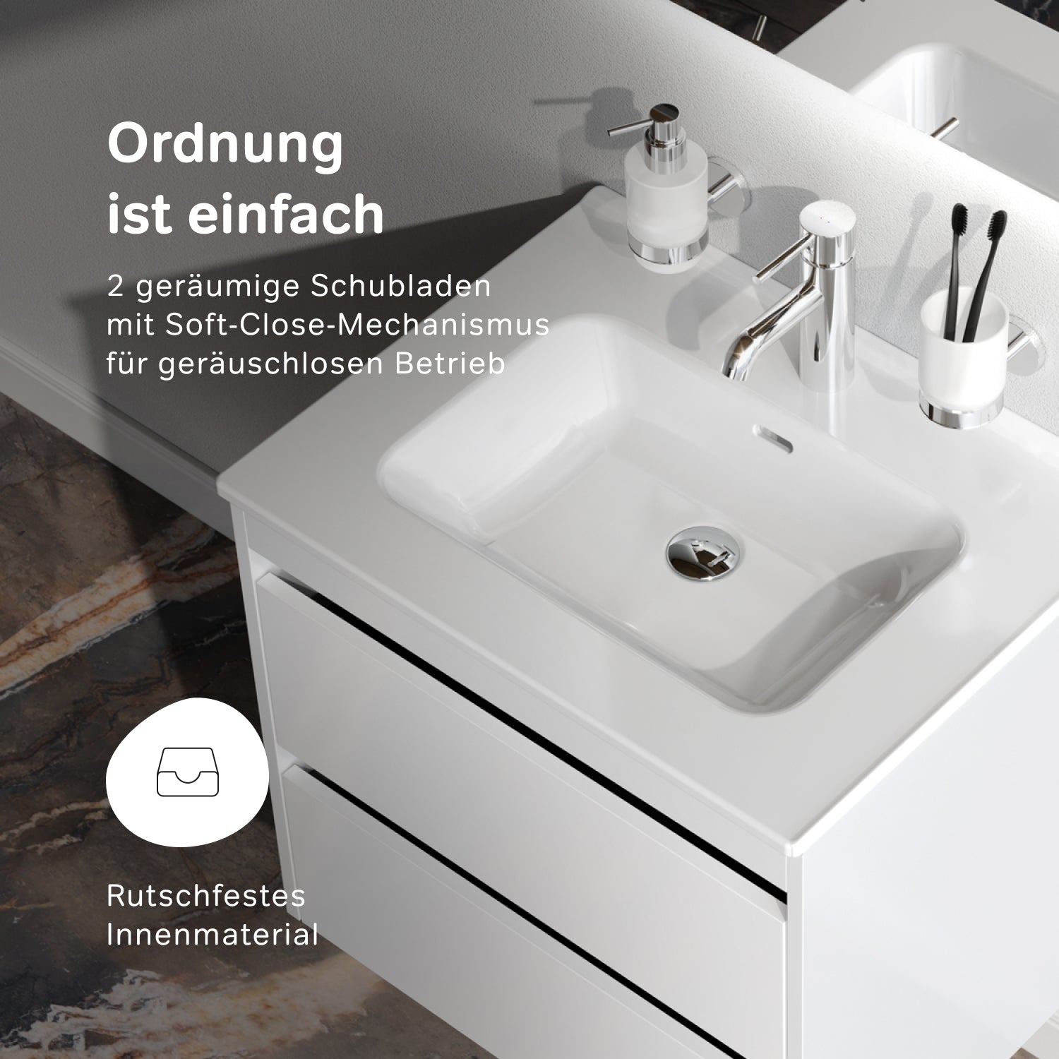 MPAX0602WG-C0602WG Waschtischunterschrank mit Becken, als Flachpaket geliefert, 60 cm, 2 Schubladen, Weiß glänzend