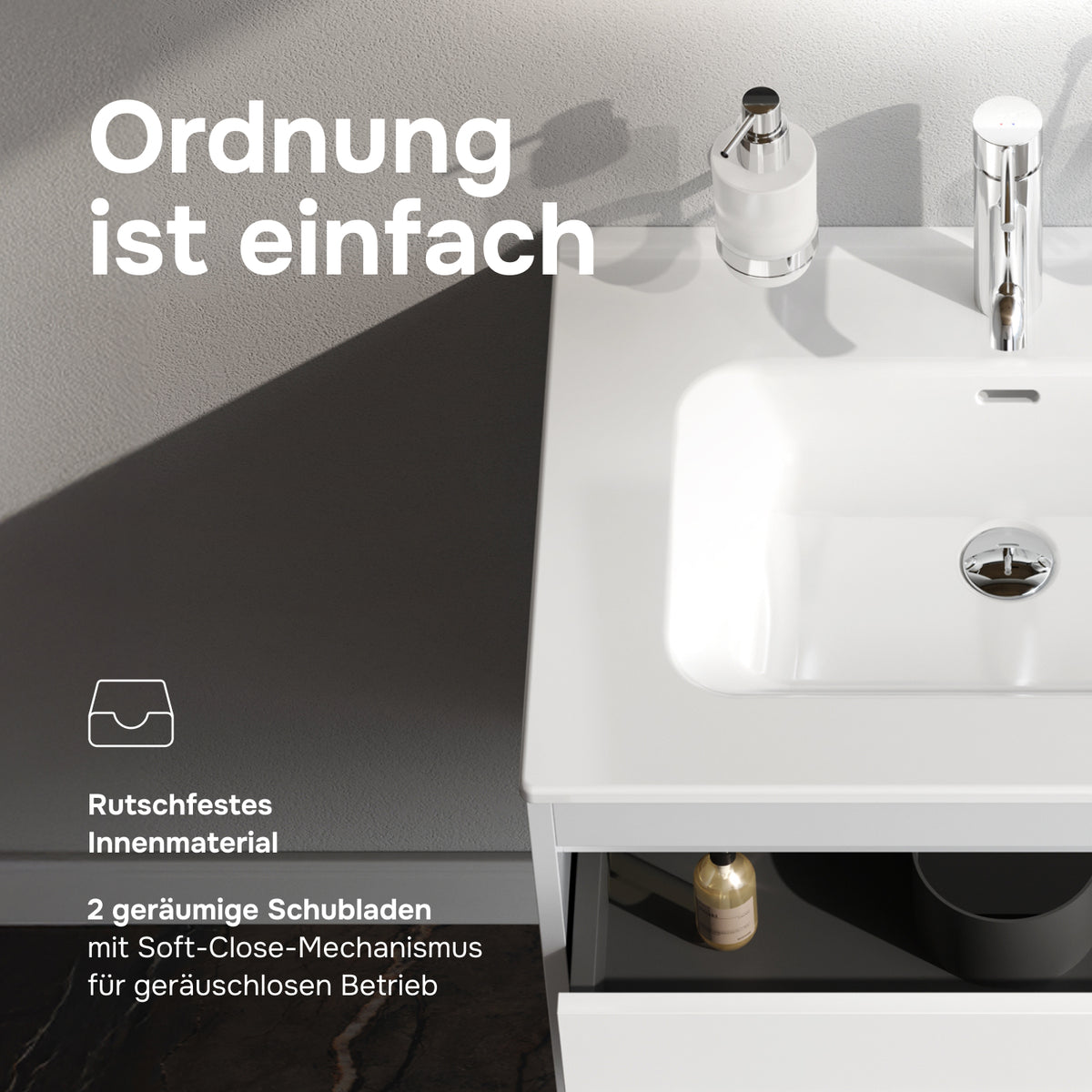 Meuble vasque avec lavabo, 60 cm, livré à plat, 2 tiroirs, blanc brillant–MPAX0602WG-C0602WG