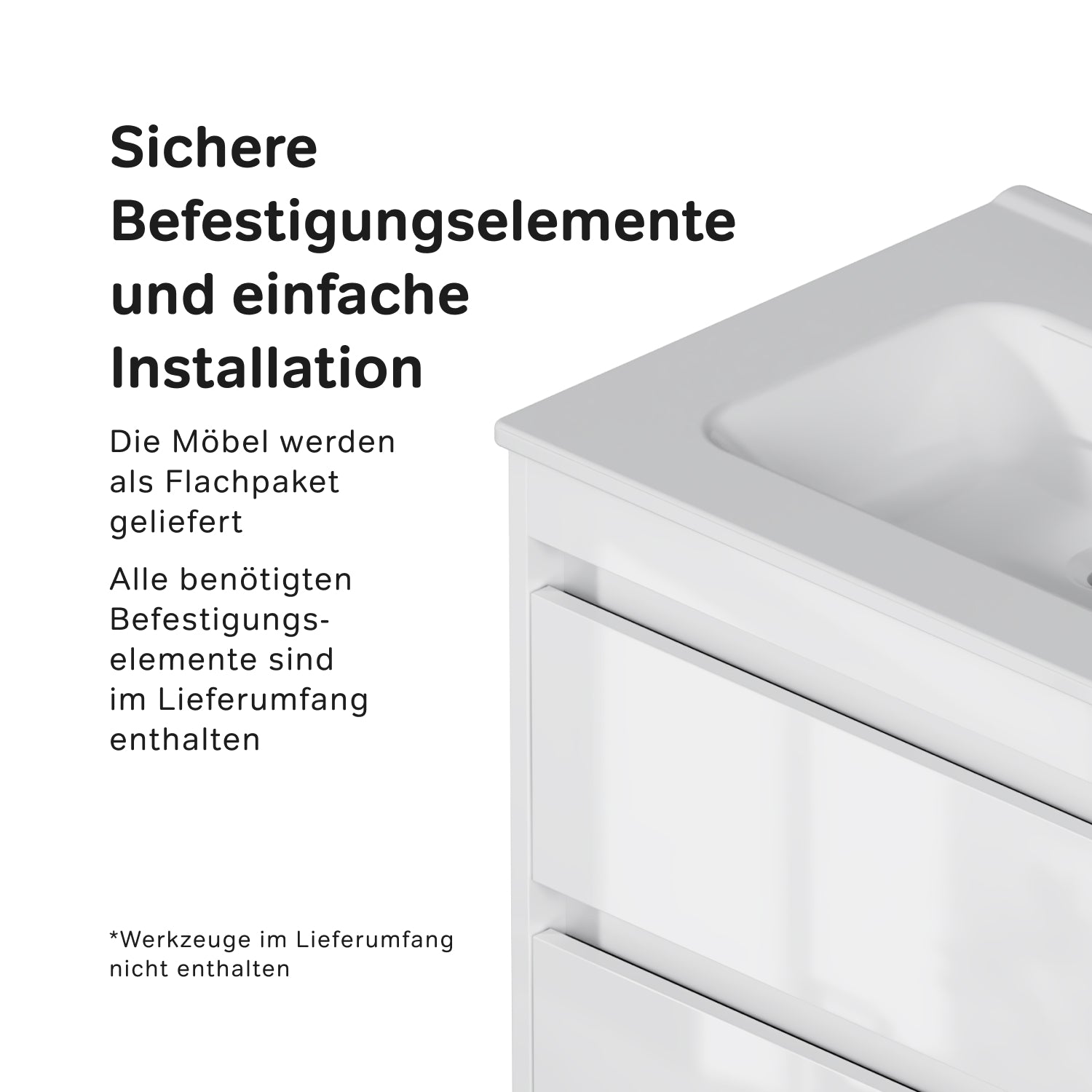 MPAX0602WG-C0602WG Waschtischunterschrank mit Becken, als Flachpaket geliefert, 60 cm, 2 Schubladen, Weiß glänzend