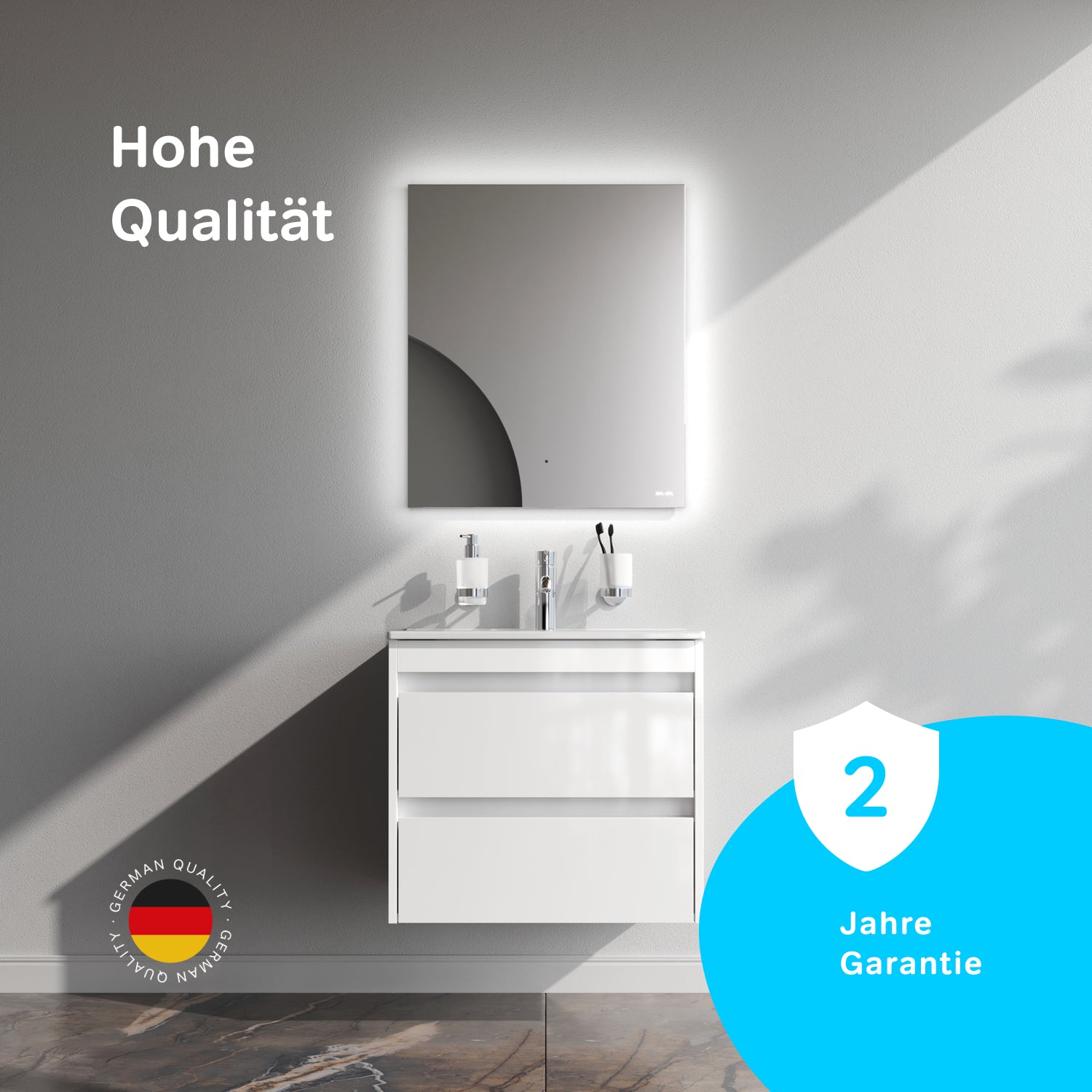 MPAX0602WG-C0602WG Waschtischunterschrank mit Becken, als Flachpaket geliefert, 60 cm, 2 Schubladen, Weiß glänzend