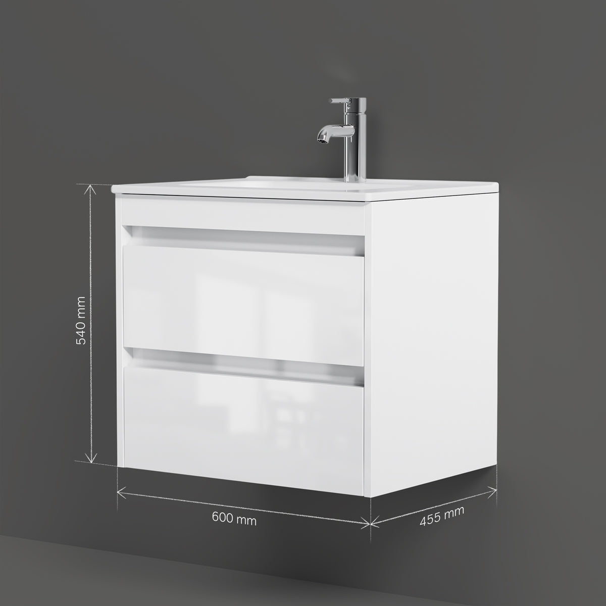 Meuble vasque avec lavabo, 60 cm, livré à plat, 2 tiroirs, blanc brillant–MPAX0602WG-C0602WG