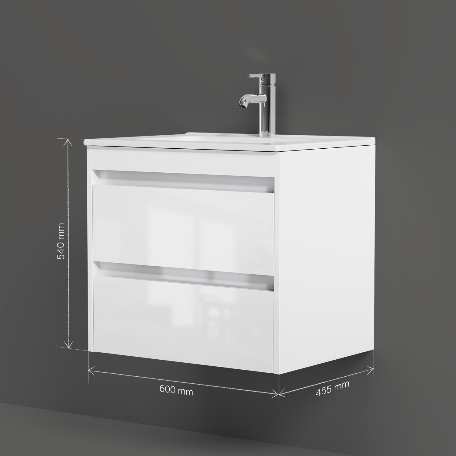 MPAX0602WG-C0602WG Waschtischunterschrank mit Becken, als Flachpaket geliefert, 60 cm, 2 Schubladen, Weiß glänzend