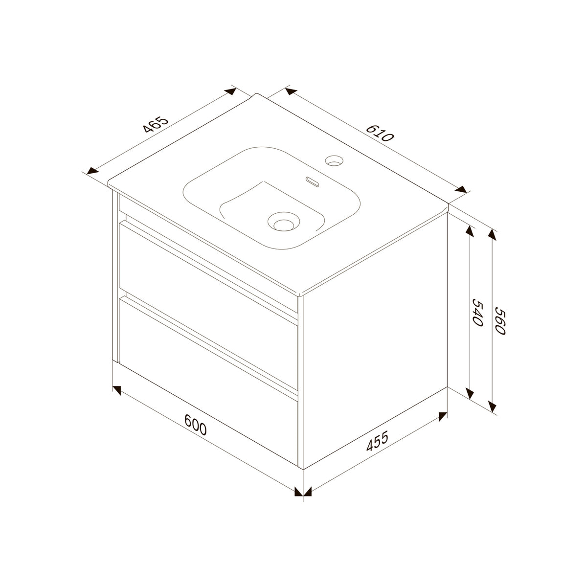 Meuble vasque avec lavabo, 60 cm, livré à plat, 2 tiroirs, chêne–MPAX0602HF-C0602WG