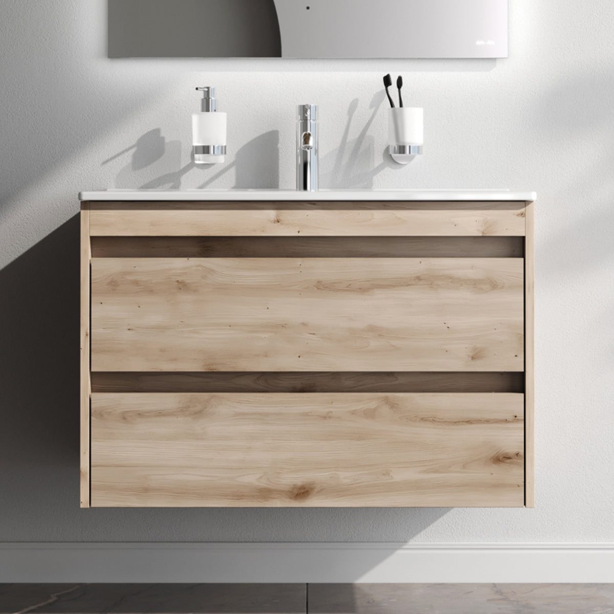 Meuble vasque avec lavabo, 80 cm, livré à plat, 2 tiroirs, chêne–MPAX0802HF-C0802WG