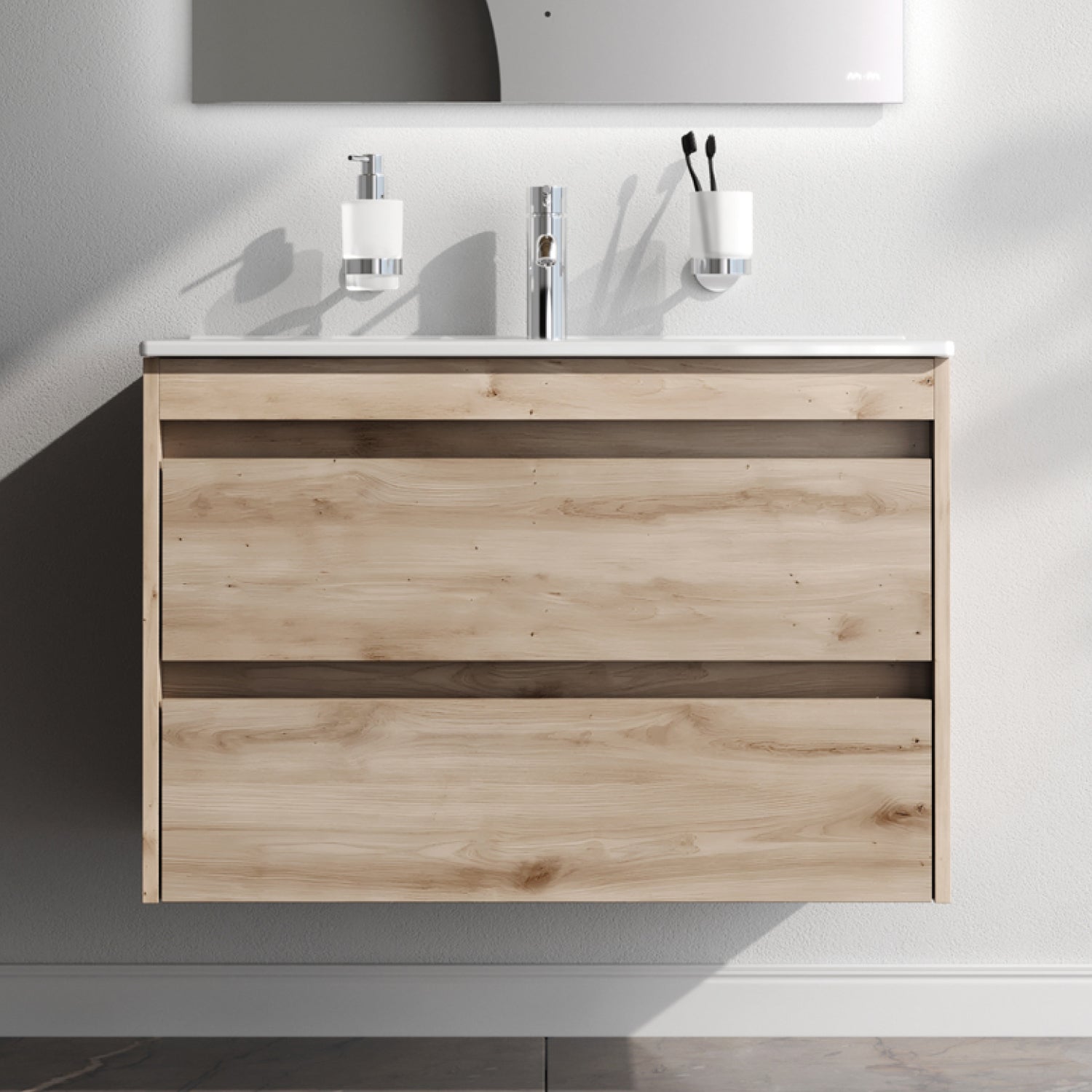 MPAX0802HF-C0802WG Waschtischunterschrank mit Becken, als Flachpaket geliefert, 80 cm, 2 Schubladen, Eiche