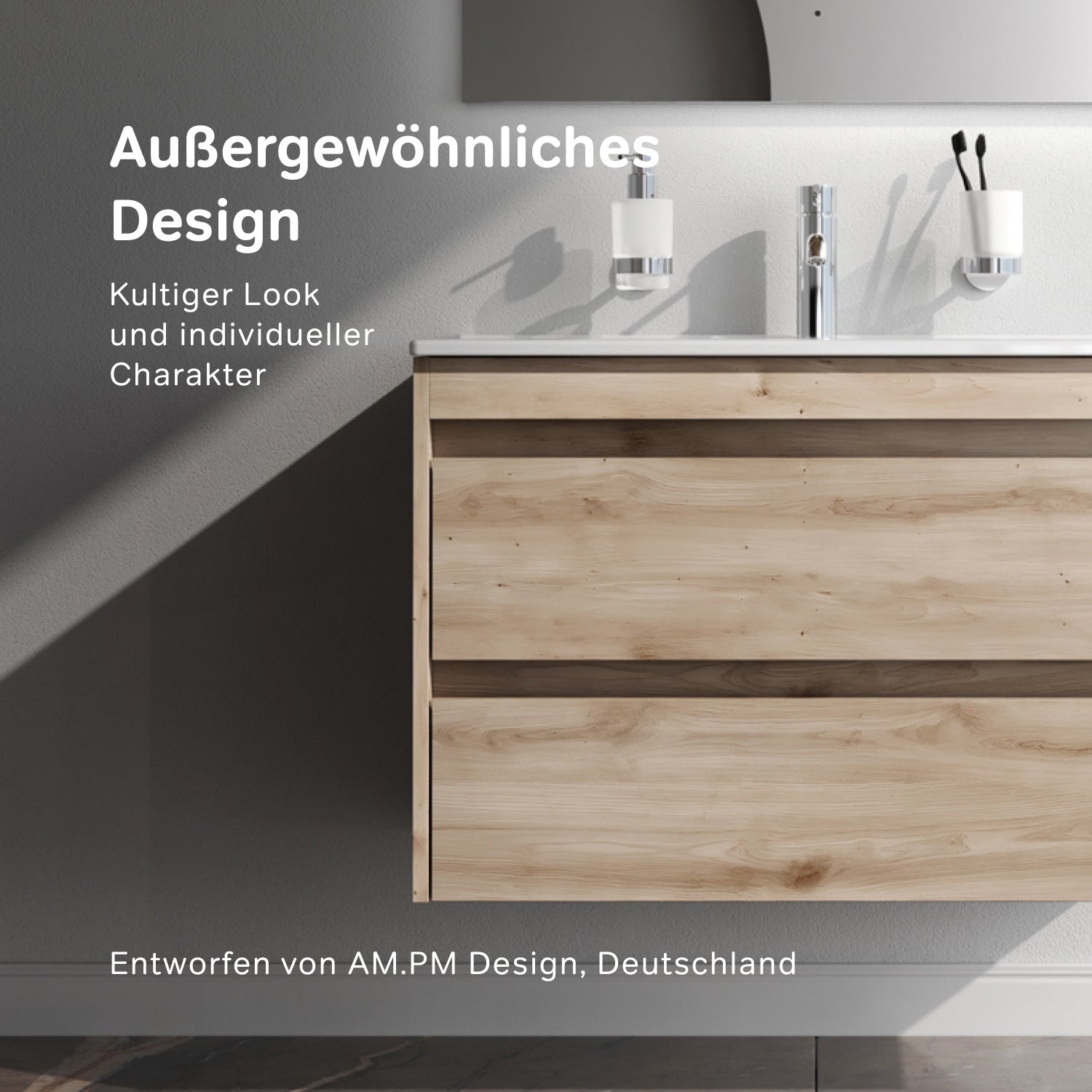 MPAX0802HF-C0802WG Waschtischunterschrank mit Becken, als Flachpaket geliefert, 80 cm, 2 Schubladen, Eiche