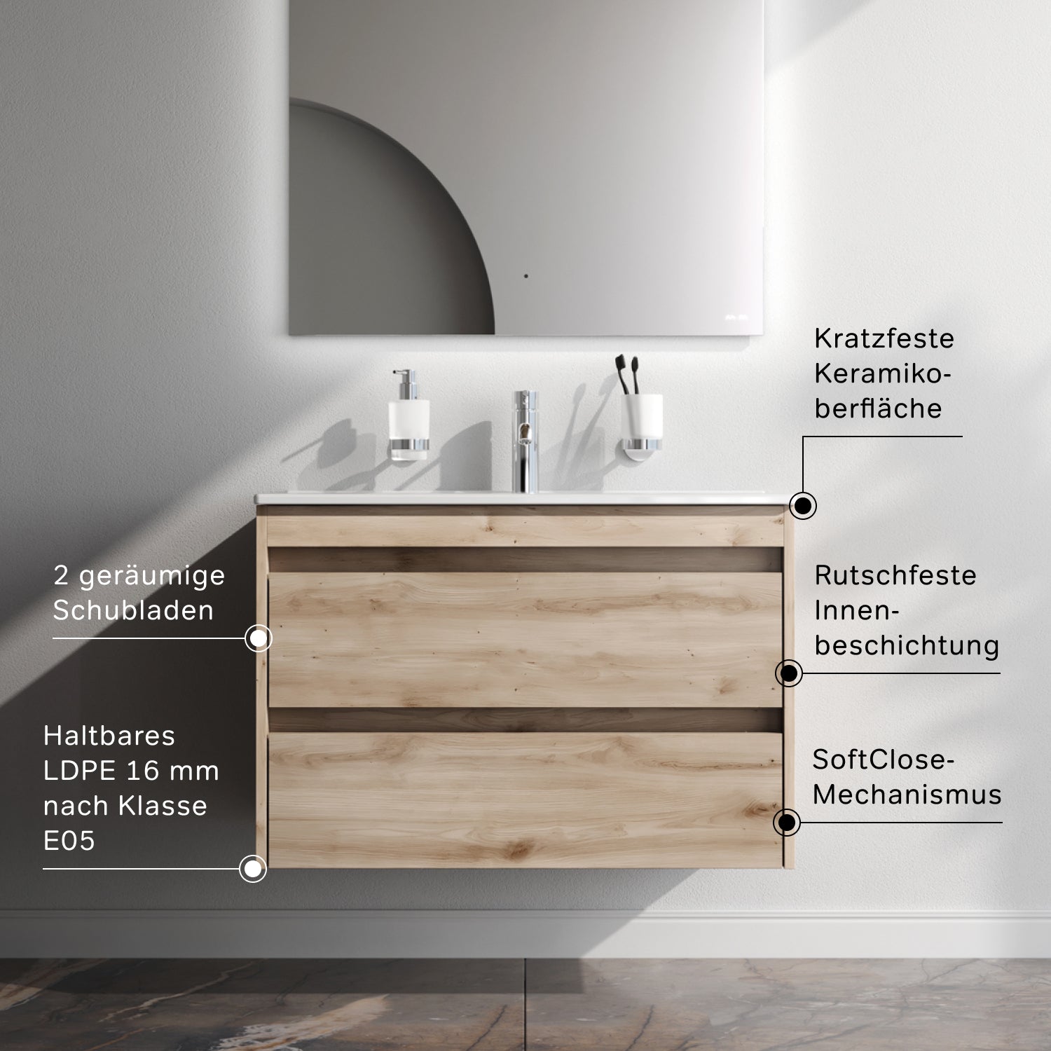 MPAX0802HF-C0802WG Waschtischunterschrank mit Becken, als Flachpaket geliefert, 80 cm, 2 Schubladen, Eiche