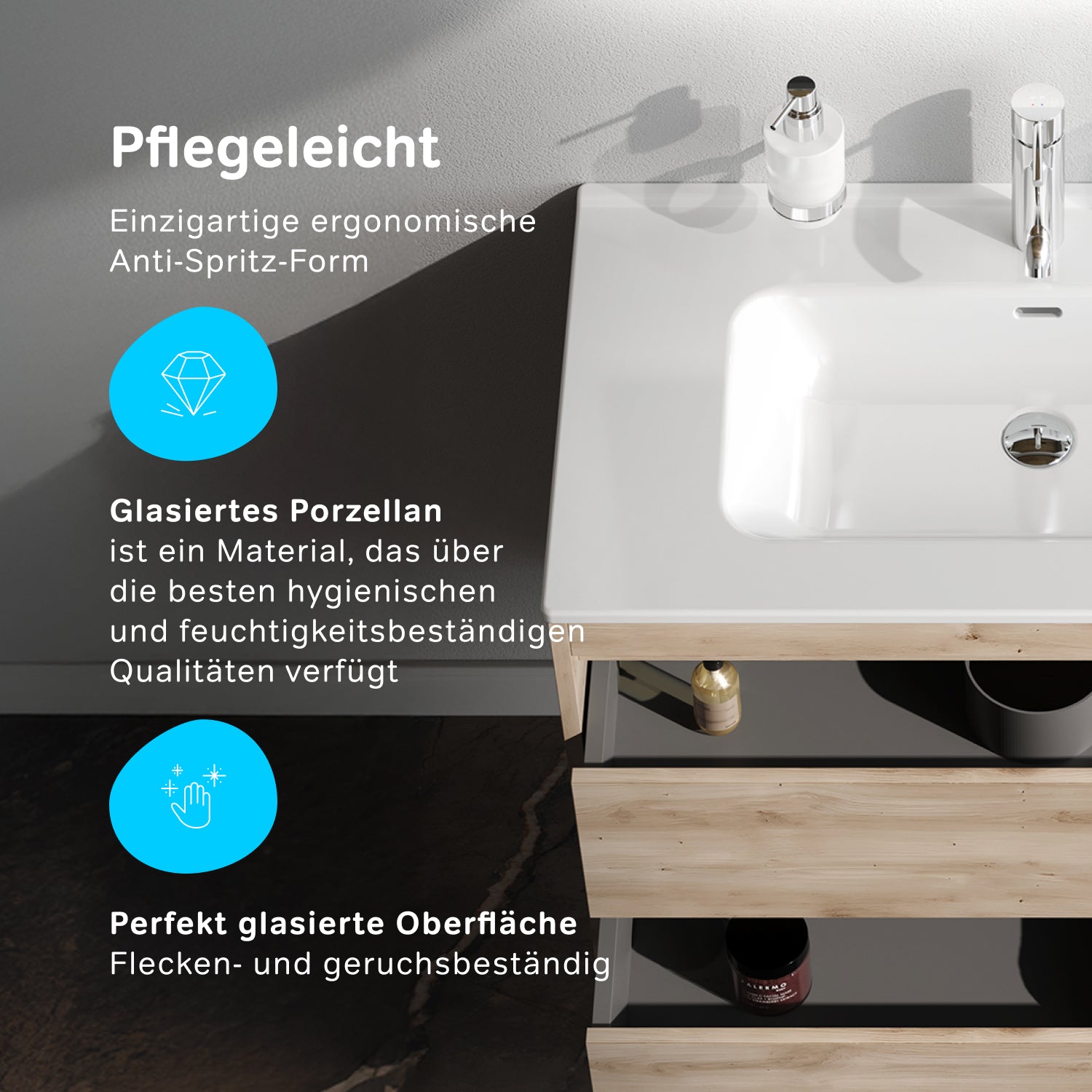 MPAX0802HF-C0802WG Waschtischunterschrank mit Becken, als Flachpaket geliefert, 80 cm, 2 Schubladen, Eiche