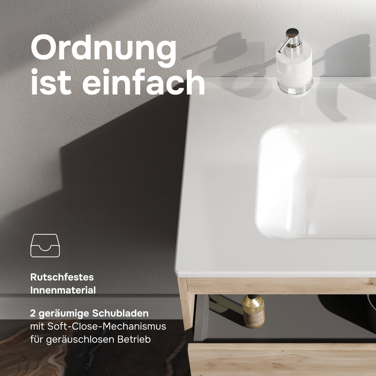Waschtischunterschrank mit Waschbecken, 80 cm, als Flachpaket, 2 Schubladen, Eiche – MPAX0802HF-C0802WG
