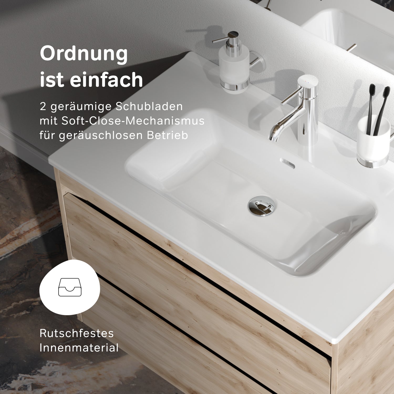 MPAX0802HF-C0802WG Waschtischunterschrank mit Becken, als Flachpaket geliefert, 80 cm, 2 Schubladen, Eiche
