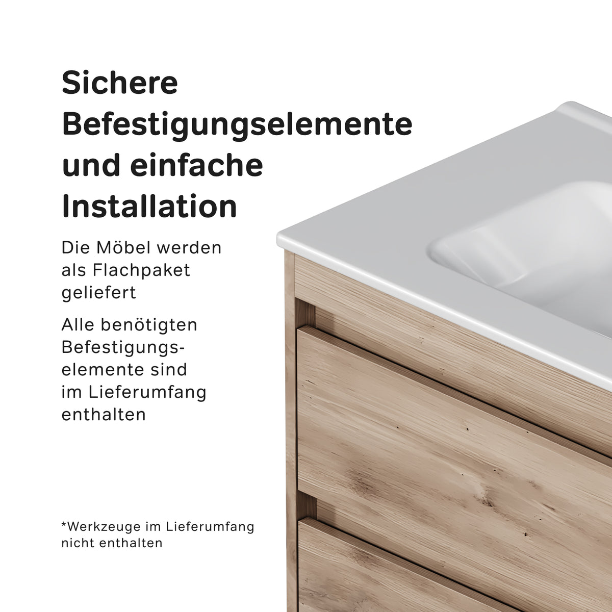 Meuble vasque avec lavabo, 80 cm, livré à plat, 2 tiroirs, chêne–MPAX0802HF-C0802WG