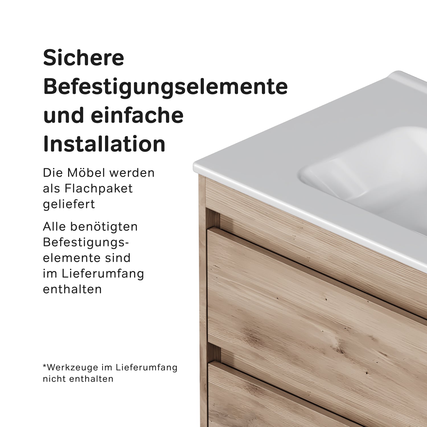 MPAX0802HF-C0802WG Waschtischunterschrank mit Becken, als Flachpaket geliefert, 80 cm, 2 Schubladen, Eiche