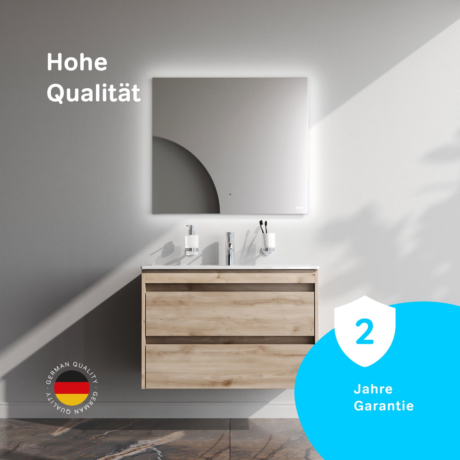 MPAX0802HF-C0802WG Waschtischunterschrank mit Becken, als Flachpaket geliefert, 80 cm, 2 Schubladen, Eiche