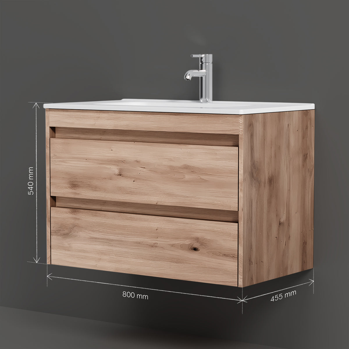Meuble vasque avec lavabo, 80 cm, livré à plat, 2 tiroirs, chêne–MPAX0802HF-C0802WG